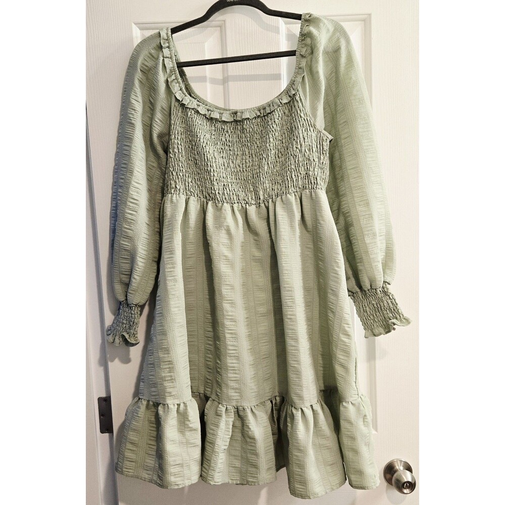 KOJOOIN Sage Green Smocked Dress Large L Cottagecore Puff Sleeve Ruffle Tiered